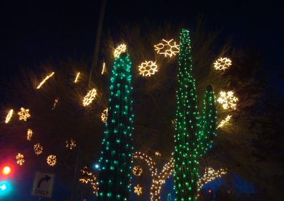 HOA Tree With Snowflakes and Green Wrapped Saguaros
